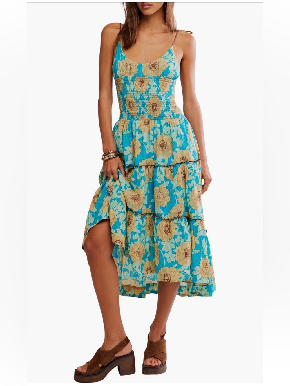🦋 FREE PEOPLE || Adriel OceanCombo Tiered Tie-Strap Maxi Sundress, smocked waist